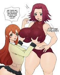 2021 2girls artist name big breasts blush breast grab breasts  brown hair busty cleavage clothing code geass dialogue favorite female  female only hips jay-marvel kallen stadtfeld large breasts legs
