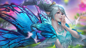 Lisa Buijteweg, women, blue eyes, smiling, blue hair, looking away,  drawing, fairies, pointy ears, wings, blue, necklace, colorful, Final  Fantasy XIV: Shadowbringers, Titania (FFXIV) | 1920x1080 Wallpaper -  wallhaven.cc