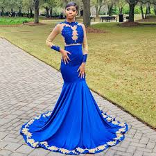Gold prom dresses and gowns for your next event wear a gold dress to radiate elegance and glamour at your next special occasion. Sevintage Royal Blue Mermaid Prom Dresses 2020 Gold Lace Prom Gowns Illusion Long Sleeve Evening Dress Robe Soiree Dubai 2020 Buy At The Price Of 100 63 In Aliexpress Com Imall Com