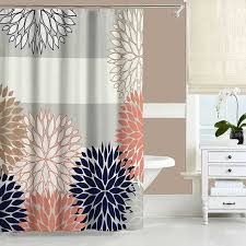 Navy Blue Coral Pink Gray Gold And Off White Shower Curtain With Floral Design And Horiz Coral Shower Curtains Pink Shower Curtains Navy Blue Shower Curtain