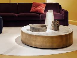 Brown/gold medium round wood coffee table with lift top. Belt Round Coffee Table By Meridiani