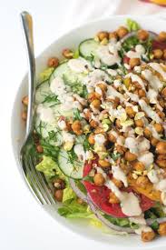 Roasted Chickpea Salad With Hummus Dressing Recipe Roasted Chickpea Salad Healthy Afternoon Snacks Chickpea Salad