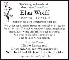 Traueranzeigen von Elsa Wolff