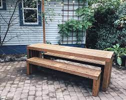 Slat Table And Bench Set Modern Wood Outdoor Set Built With Pressure Treated 2x4s 4x4s And Cedar 1x4s Inspired By Mi Wood Outdoor Set Oregon House Pool Decor