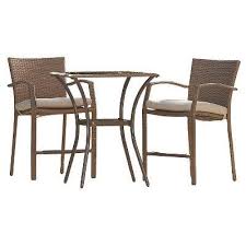 Cosco Lakewood Ranch 3 Piece Steel Woven Wicker Outdoor High Top Bistro Patio Furniture Set With Cushions Brown Balcony Furniture Set Patio Furniture Sets 3 Piece Bistro Set