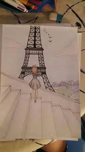 Soon you can also draw such hair. Girl Standing On Stairs Looking At The Eiffel Tower Cute Simple Drawings Coloured Pencils Drawing Cool Drawings Cute Drawings Girly Drawings