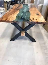 This Is Such A Beautiful And Interesting Table I Like How The Greenish Blue Glass Down The Mid Wood Dining Room Table Live Edge Dining Table Wood Table Design
