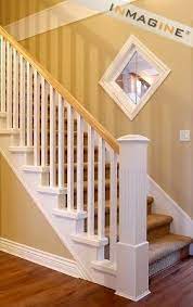 Banister With Wood Floor And Carpeted Stairs I Think Money Wise This Is What We Might Need To Go For I Would Change Out The Rail Stairs Banister Remodel Home