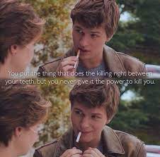 When hazel first talks to augustus outside the support group, she is shocked to see him pull out a cigarette and toy with it, until he explains that it's a metaphor for looking at death up close but—by not lighting the cigarette—not giving it the power to harm him. Image Via We Heart It Augustus Book Cigarettes Hazel Johngreen Love Tfios Augustuswaters Hazelg The Fault In Our Stars Love My Husband Augustus Waters