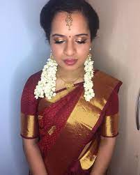 Red Kanchipuram Silk Saree Hair And Makeup With Jasmine Flowers Tamil Hindu Wedding Saree Hair Makeup Hindu Wedding