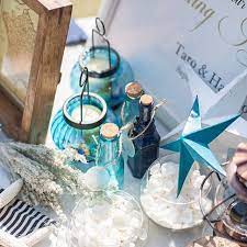 夏らしくディスプレイ プレ花嫁 フリーウエディングプランナー ウエディング ビーチ挙式 ビーチウエディング 夏 ディスプレイ ペーパーアイテム 手作り 結婚式 テーブル