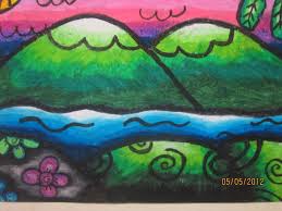 Di sini juga saya gambarkan gubuk yang umum ada di sawah sebagai tempat istirahat pak tani. Lukisan Gunung Dan Sungai Oleh Hana Hanifah 10 Tahun Agus Nizami