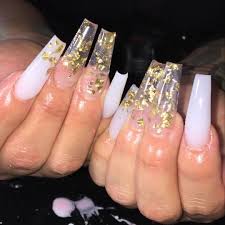White acrylic nails with rhinestones. Chambry Hill On Instagram Crisp Milky White With Gold Flakes So Simple And Beautiful Em White Nails With Gold White Acrylic Nails Bling Acrylic Nails