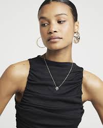 River Island Womens Black Clover Charm Necklace