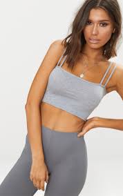 Slinky lace up tie crop top. Grey Jersey Double Strap Crop Top Tops Prettylittlething Uae