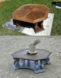 Octagon Coffee Table Brought Out Of The 80 S Table Top Was Refinished With A Dark Walnut Stain Painted The Base With A L Coffee Table Diy Furniture Furniture