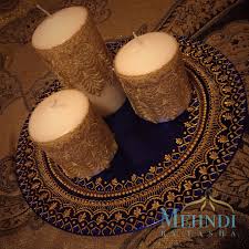 Royal Blue Mehndi Thaal With Candles Decorated With Indian Ribbon Henna Candles Mehndi Decor Candle Decor