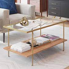 Nested round glass coffee table, brass finish. Buy Nathan James Asher Mid Century Rectangle Coffee Table Glass Top And Rustic Oak Storage Shelf With Sleek Brass Metal Legs Gold Online In Indonesia B07vy9gybj
