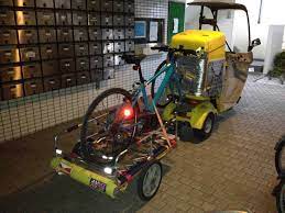 ジャイロで牽くコクーントレーラー その上にジェッター電チャリ camping trailer for bicycle ジャイロ キャノピー 電動アシスト自転車