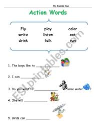 In this printable, your little ones will find several exercises to put their creativity to practice as they learn action words in english. English Worksheets Action Words