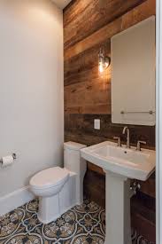 Powder Room With Reclaimed Wood Accent Wall And Blue And Yellow Mosaic Floor Tile In Custom Contemp Wood Wall Tiles Tile Accent Wall Reclaimed Wood Accent Wall