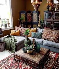 Living Room Color Schemes Brown Walls And A Colorful Persian Carpet Pale Grey Sofa Yellow Bohemian Style Living Room Bohemian Living Rooms Living Room Decor