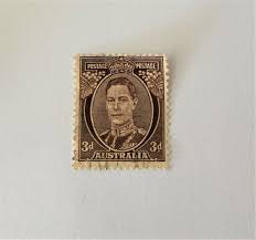Australian King George VI 3d Stamp; Australian Penny; Circa 1941; King  George VI (1895-1952); Dark Brown; NH, V/F