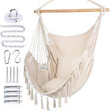 Hammock chair hanging rope swing, large macrame hanging chair with pocket, quality cotton weave, included 2 cushions. Amazon Com Wbhome Extra Large Hammock Chair Swing With Hardware Kit Hanging Macrame Chair Cotton Canvas Include Carry Bag Two Soft Seat Cushions For Bedroom Indoor Outdoor Max Weight 330 Lbs Beige