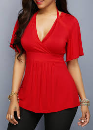 Flare Sleeve V Neck Band Waist Red Blouse Rosewe Com Usd 30 03 Red Blouses Fashion Flared Sleeves