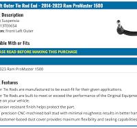 Front Left Outer Tie Rod End - 2014-2025 Ram ProMaster 1500 - Suspensia  127847-06203475
