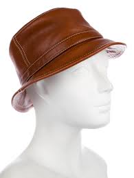 Brown Leather Ca C Line Bucket Hat With Contrast Stitching And Silver Tone Embellishments At Brim Michael Kors E Leather Bucket Hat Brown Leather Leather Bucket
