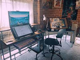 I Finally Finished My Desk For The Game Digital Art Station Perfect For My Needs Time To Start Working On A Drawing Tab Art Desk Drawing Desk Art Studio Room