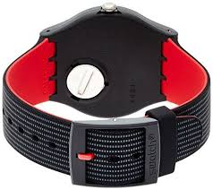 Swatch Unisex Suob714 Originals Black Watch With Patterned Band Black Patterned Silicone Strap With A Black Plastic Case And Black Dial Fixed With Red Index Ho