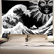 Black And White Wall Tapestry Amazon Amazon Com Psychedelic Sun Wave Tapestry Bohemian Burning Sun With The Great Wave Of Kanagawa Wall Hanging Ta In 2020 Tapestry Nature Wall Tapestry Hanging Wall Decor