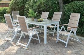 7 Pc Liz Kona Iv Collection White Aluminum Frame And Glass Top Patio Table And Chair Set This Set In Patio Table Set Outdoor Dining Chairs Outdoor Patio Table