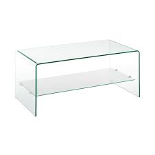 Simplistic and fresh, the coffee table features a 12mm curved piece of glass that will leave a lasting impression in your home. Hadera Clear Bent Glass Coffee Table With Glass Shelf Fads