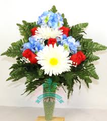 Red geranium, white alyssum, and blue ageratum are the traditional trio of red, white, and blue flowers for americans who plant for memorial day and july 4th. Patriotic Red White And Blue Cemetery Arrangement For Mausoleum Artificial Flora Home Decor Rayvoltbike Com