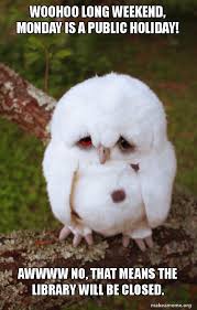 Check spelling or type a new query. Woohoo Long Weekend Monday Is A Public Holiday Awwww No That Means The Library Will Be Closed Sad Owl Make A Meme