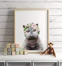 Baby Hippo With Flower Crown Digital Download Girls Room Etsy Baby Animal Prints Nursery Wall Art Baby Animal Printables