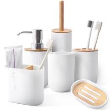 The natural finish creates a serene ambiance. Bamboo Wood Toothbrush Holder Gargle Cup Soap Box Soap Box Toilet Brush Soap Dispenser Household Hotel Bathroom Toilet Set
