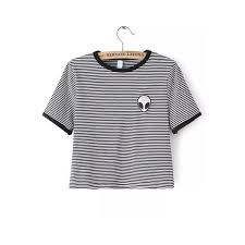 Black And White Crop Top Shein Sheinside Black White Crew Neck Striped Alien Print Crop 9 90 Liked On Polyv Black And White Crop Tops Black Striped Shirt Black And White Shirt