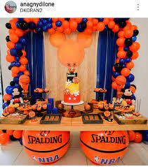 Mickey Mouse Spalding Basketball Inspired Birthday Party Dessert Table And Decor Basketball Birthday Parties Basketball Theme Birthday Birthday Party Desserts