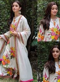 Apart from floral prints, kalamkari work is a popular choice in kurti patterns currently. Alia Bhatt Bollywood Designer White Floral Printed Anarkali Dress