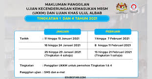 Maktab rendah sains mara (mrsm) menyediakan sistem pendidikan yang berteraskan sains, teknologi, kejuruteraan dan matematik (stem) bagi melahirkan insan cemerlang yang holistik, inovatif dan berintegriti. Semakan Tarikh Baharu Ujian Kecenderungan Kemasukan Mrsm Ukkm Ujian Khas Ulul Albab 2021 Edu Bestari