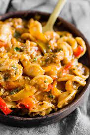 One Pot Ground Chicken Fajita Pasta Recipe Ground Chicken Recipes Chicken Fajita Pasta Ground Chicken