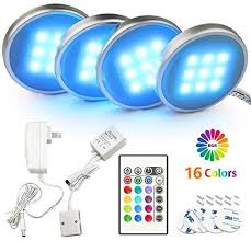 Bason Rgb Under Cabinet Lighting Remote Control Led Puck Lights Wired Multi Color Changing Dimmable Adaptor Powered Shelf Decorative For Kitchen Cabinets Co Led Puck Lights Puck Lights Display Cabinet Lighting