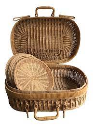 Vintage French Country Wicker Picnic Basket Set Picnic Basket Set Basket Rustic Baskets