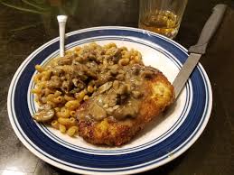 Next, dip in flour, combine your eggs and milk; Homemade Schnitzel Mushroom Gravy Food