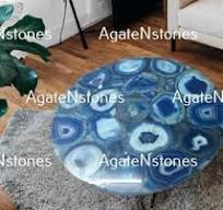 Handmade Blue Agate Stone Table Top: Mid-Century Modern Accent