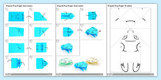 Origami jumping frogs made from ~3 different papers (ex: Origami Frog Template Easy Paper Craft Twinkl Resources